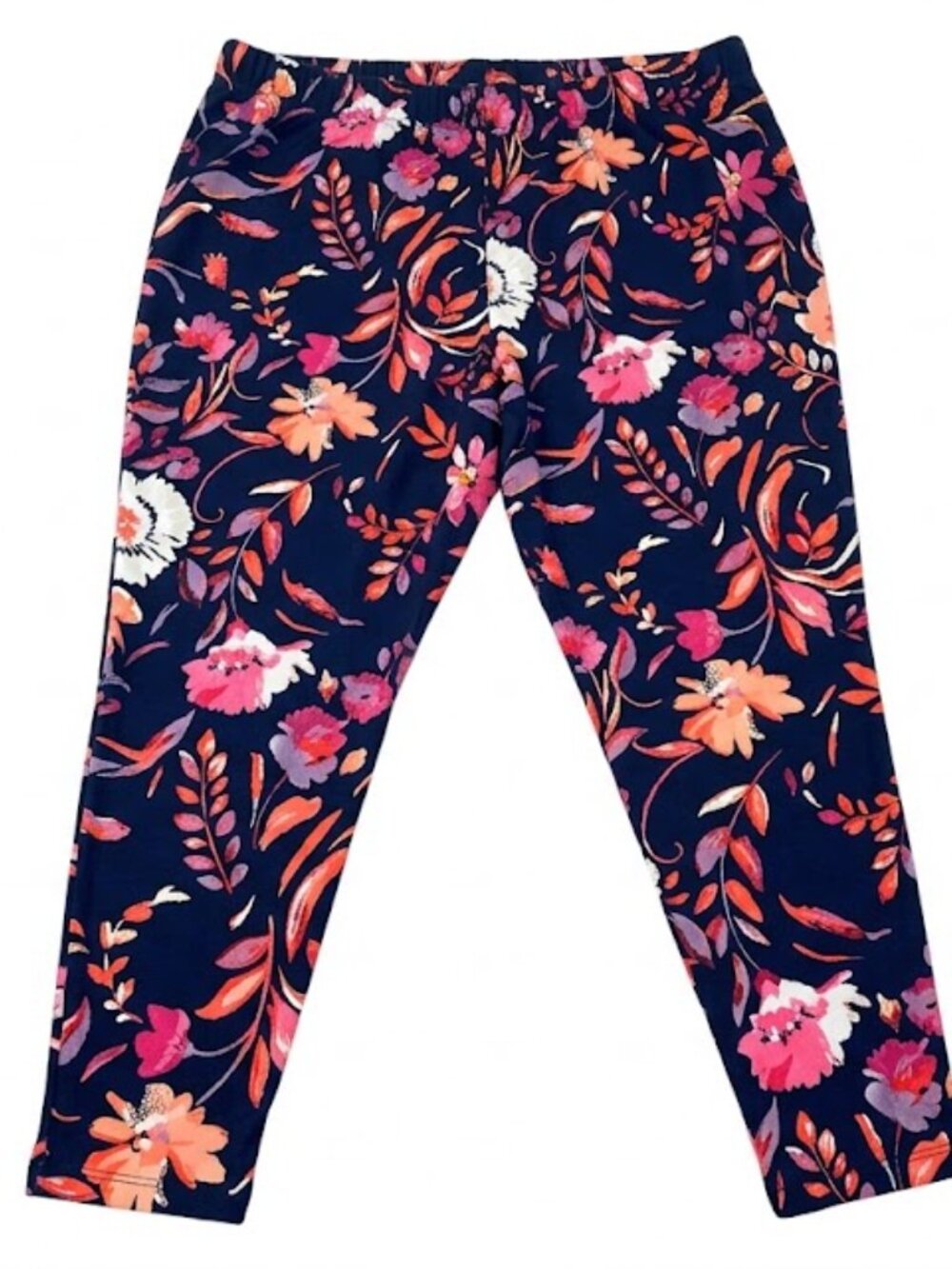 Woman Within Floral Elastic Waist Leggings Navy Blue Pink Size 30/32